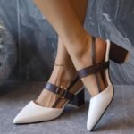 Brown and White Pointed Block Heel Sandals